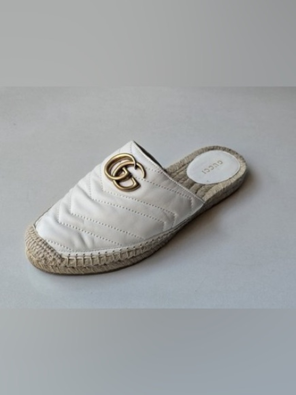 Gucci White Quilted Espadrille Slip-On Mules with Gold GG